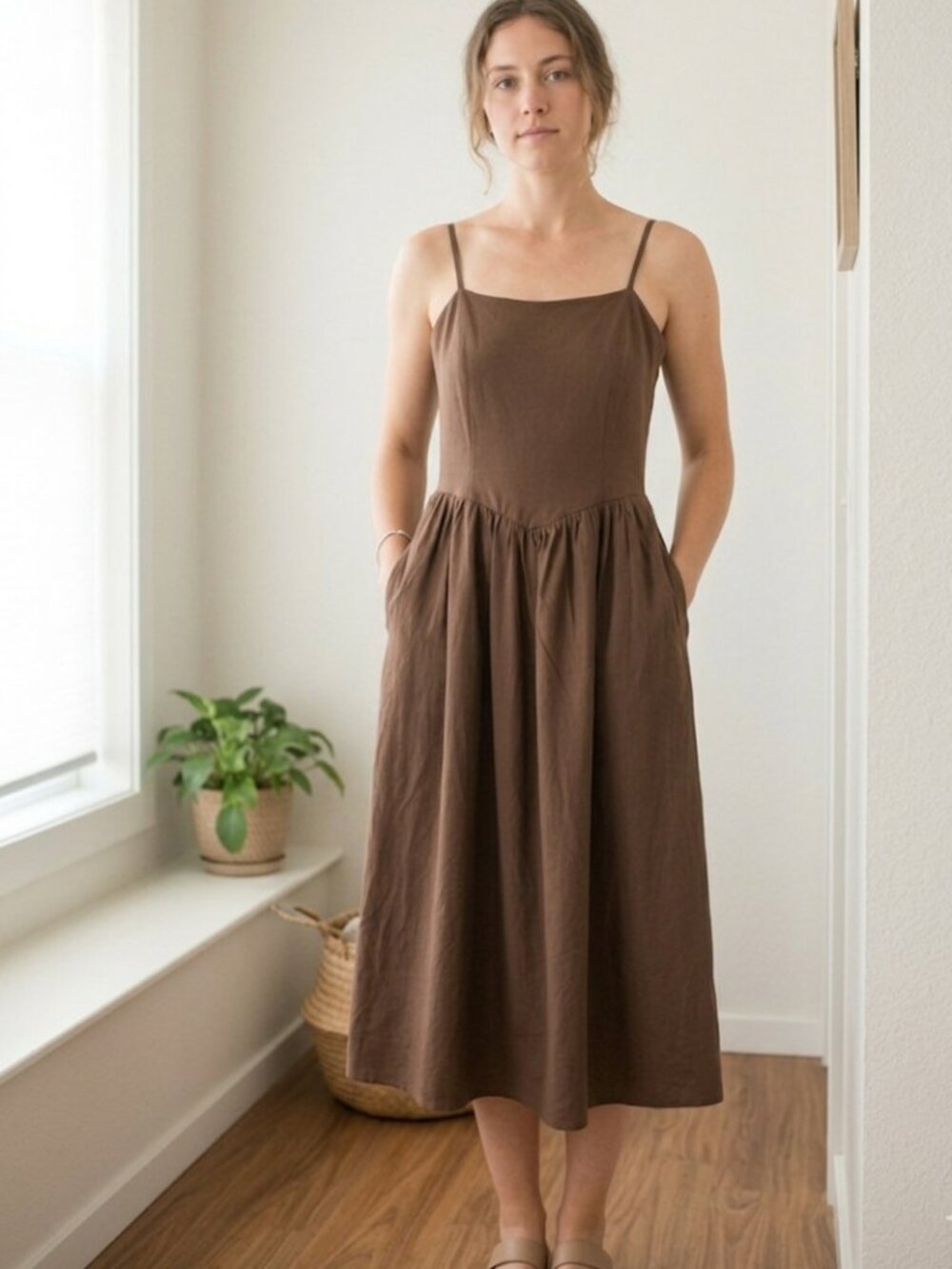 Thirty Thirty Brown Drop Waist Midi Dress Sleeveless Pockets Small NWT
